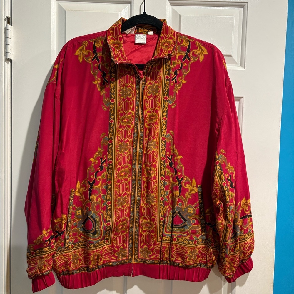 Silk Collection zipped bomber jacket red silk ornate vintage sz M